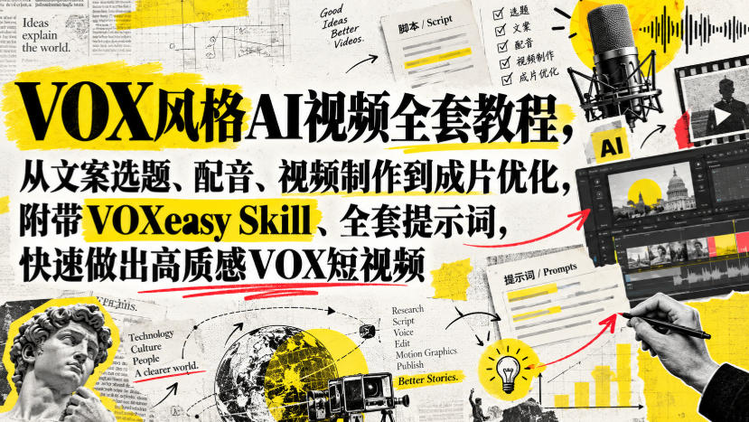 VOX风格AI视频全套教程，从文案选题、配音、视频制作到成片优化，附带VOXeasy Skill、全套提示词，快速做出高质感VOX短视频-资源社