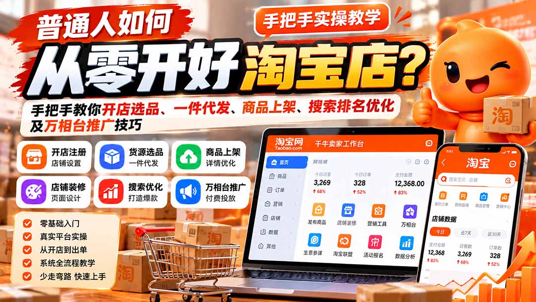 普通人如何从零开好淘宝店?手把手教你开店选品、一件代发、商品上架、搜索排名优化及万相台推广技巧-资源社