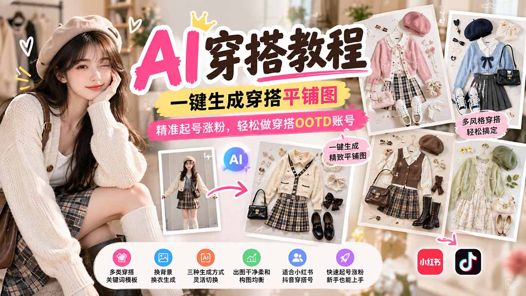 【无水印】AI穿搭教程|一键生成穿搭平铺图,精准起号涨粉,轻松做穿搭OOTD账号-资源社