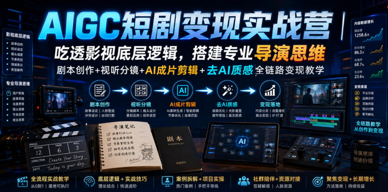AIGC短剧变现实战营｜吃透影视底层逻辑，搭建专业导演思维，剧本创作+视听分镜+AI成片剪辑+去AI质感全链路变现教学-资源社