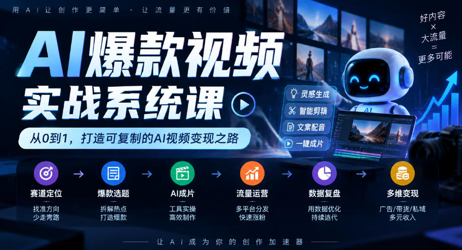 AI爆款视频实战系统课｜赛道定位、爆款选题、AI成片、流量运营、数据复盘、多维变现全链路教学-资源社