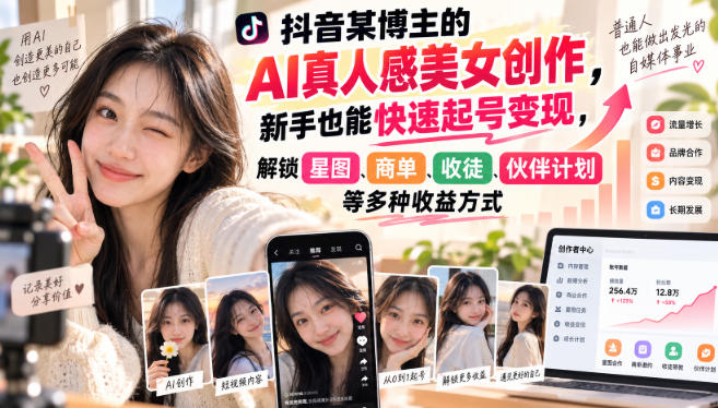 抖音某博主的AI真人感美女创作,新手也能快速起号变现,解锁星图,商单,收徒,伙伴计划等多种收益方式-资源社