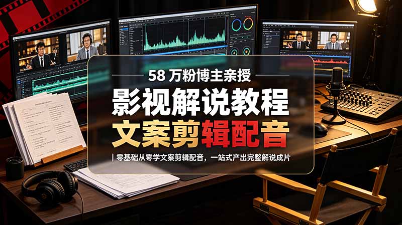 58 万粉博主荧幕春秋亲授影视解说教程|零基础从零学文案剪辑配音,一站式产出完整解说成片-资源社