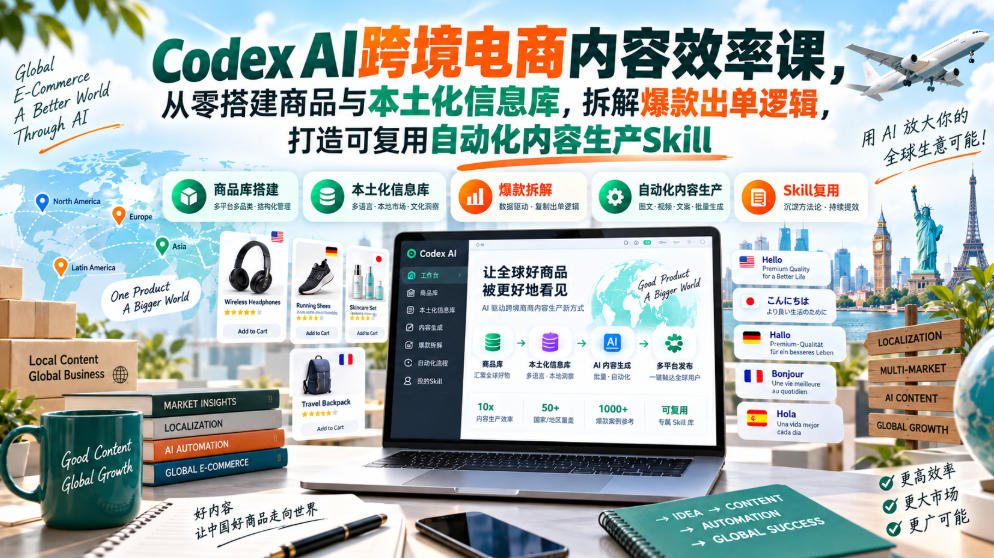 Codex AI跨境电商内容效率课，从零搭建商品与本土化信息库，拆解爆款出单逻辑，打造可复用自动化内容生产Skill-资源社