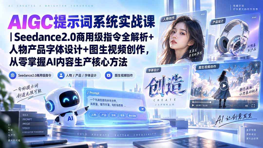 AIGC提示词系统实战课-无水印|Seedance2.0商用级指令全解析+人物产品字体设计+图生视频创作,掌握AI内容生产方法-资源社