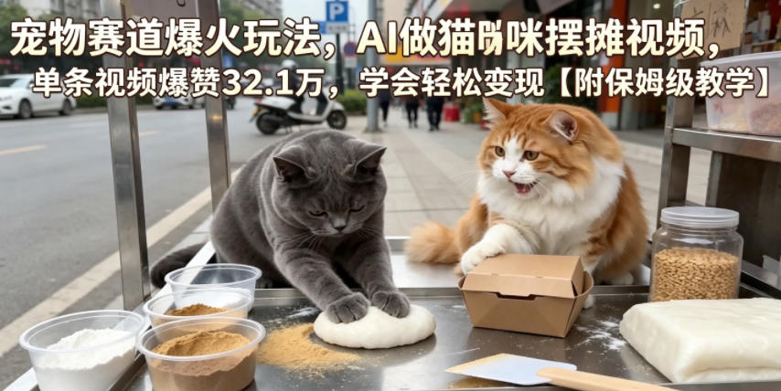 宠物赛道爆火玩法，AI做猫咪摆摊视频，单条视频爆赞32.1万，学会轻松变现【附保姆级教学】-资源社