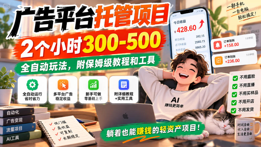 广告平台托管项目，2个小时300-500，全自动玩法，附保姆级教程和工具，小白照着就能做【揭秘】-资源社