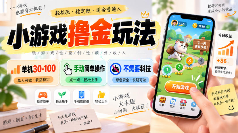 小游戏撸金玩法，单机30-100，手动简单操作，不需要科技-资源社
