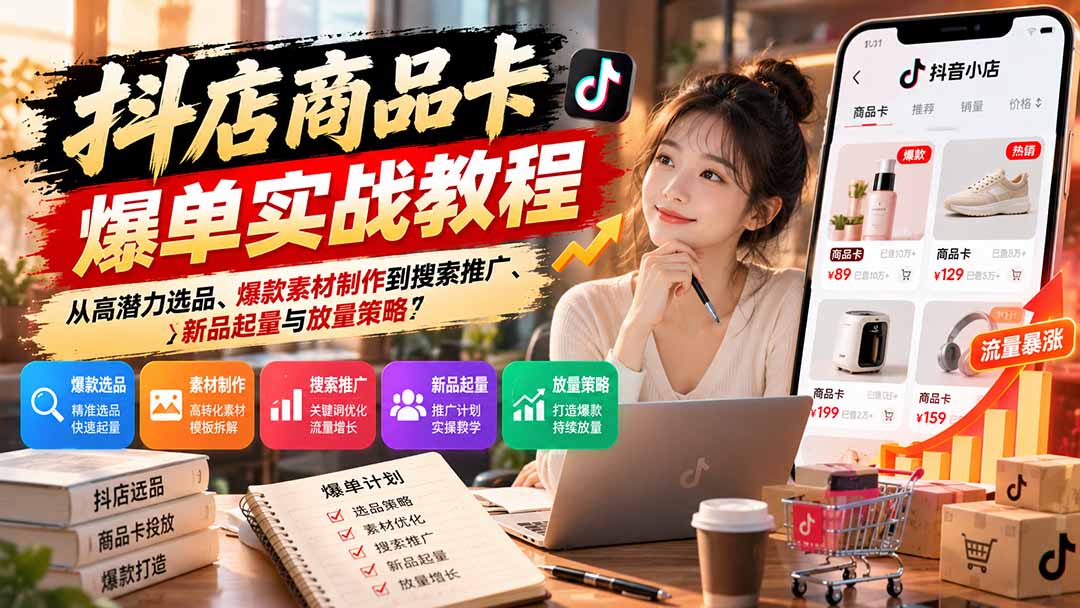 抖店商品卡爆单实战教程:从高潜力选品、爆款素材制作到搜索推广、新品起量与放量策略-资源社