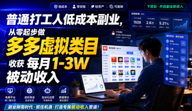 普通打工人低成本副业，从零起步做多多虚拟类目，收获每月1-3W被动收入【揭秘】-资源社