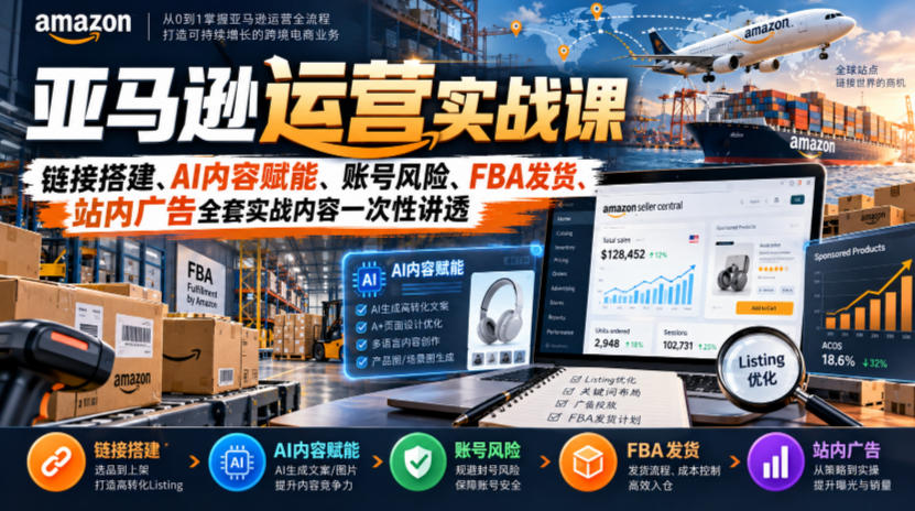 亚马逊运营实战课，链接搭建、AI内容赋能、账号风险、FBA发货、站内广告全套实战内容一次性讲透-资源社