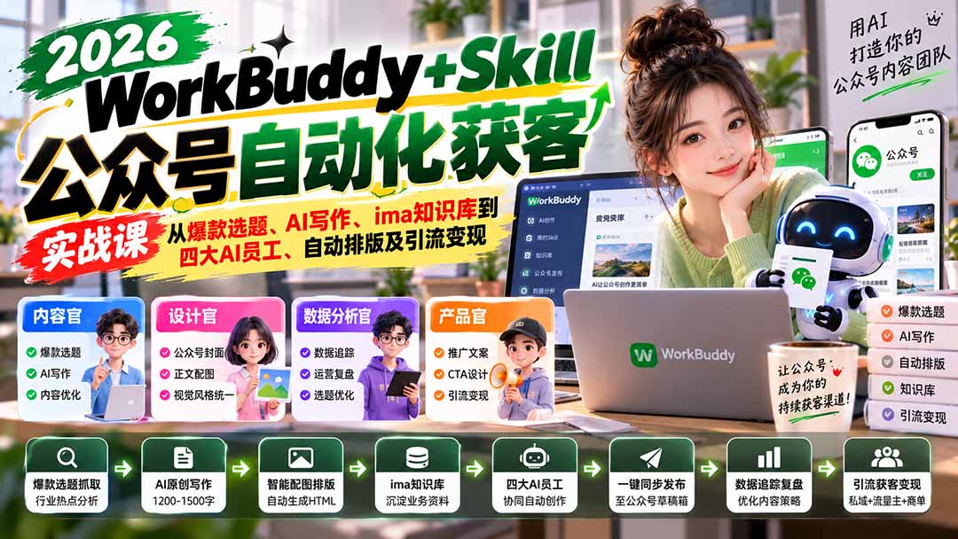 WorkBuddy + Skill公众号自动化获客实战课：从爆款选题、AI写作、ima知识库到四大AI员工、自动排版及引流变现-资源社