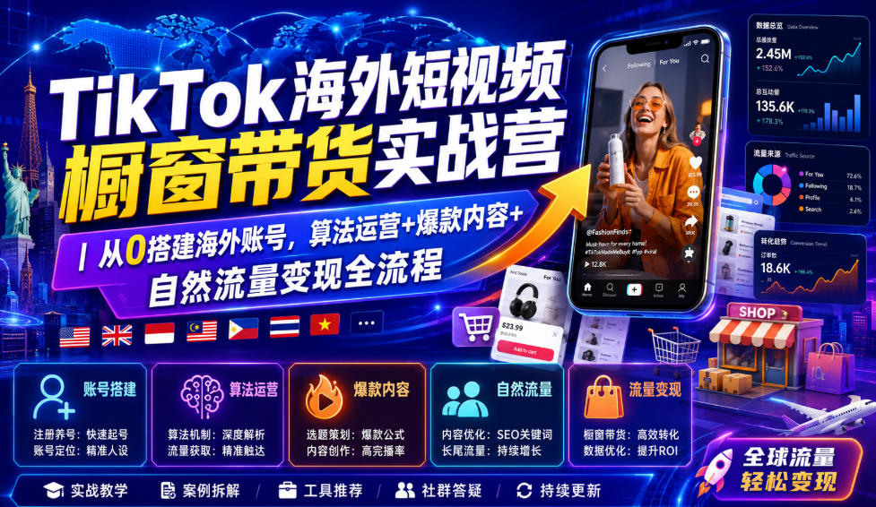 TikTok海外短视频橱窗带货实战营｜从0搭建海外账号，算法运营+爆款内容+自然流量变现全流程-资源社