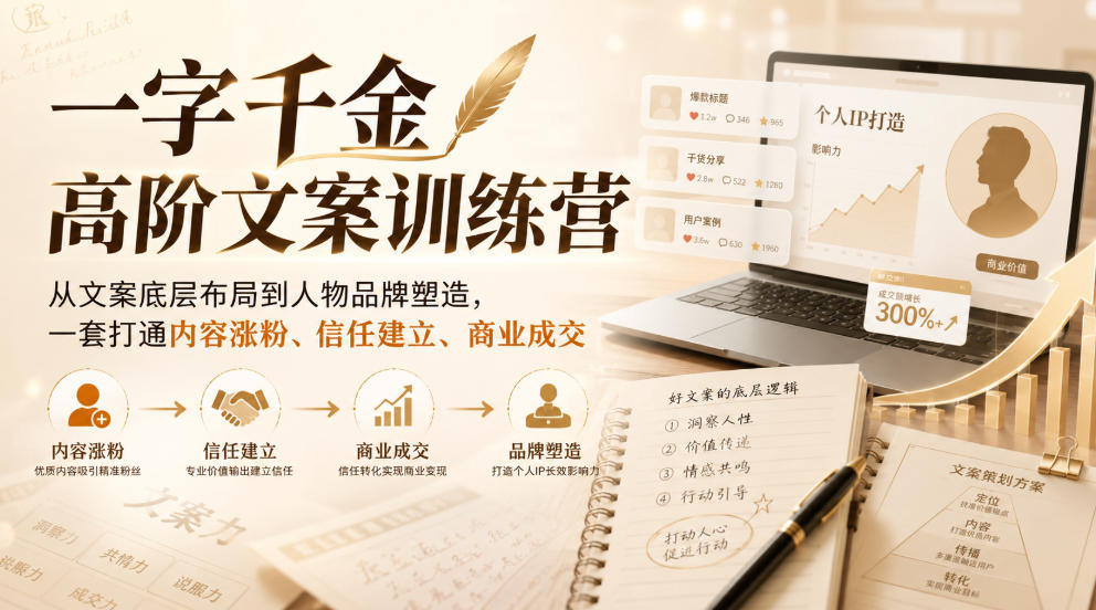 一字千金高阶文案训练营，从文案底层布局到人物品牌塑造，一套打通内容涨粉、信任建立、商业成交-资源社