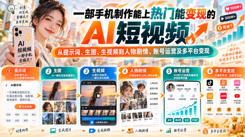 【无水印】一部手机制作能上热门能变现的AI短视频，从提示词、生图、生视频到人物剧情、账号运营及多平台变现-资源社