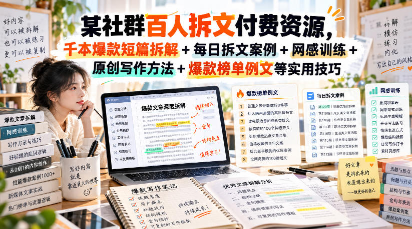(无水印)某社群百人拆文付费资源,千本爆款短篇拆解+每日拆文案例+网感训练+原创写作方法+爆款榜单例文等实用技巧(更新1009)-资源社