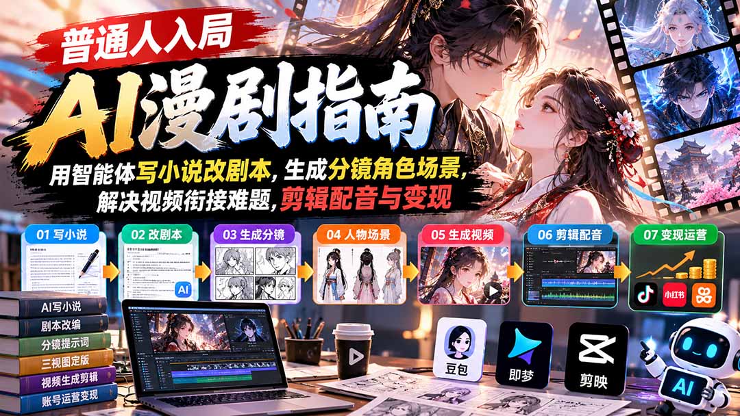 【无水印】普通人入局AI漫剧指南:用智能体写小说改剧本,生成分镜角色场景,解决视频衔接难题,剪辑配音与变现-资源社
