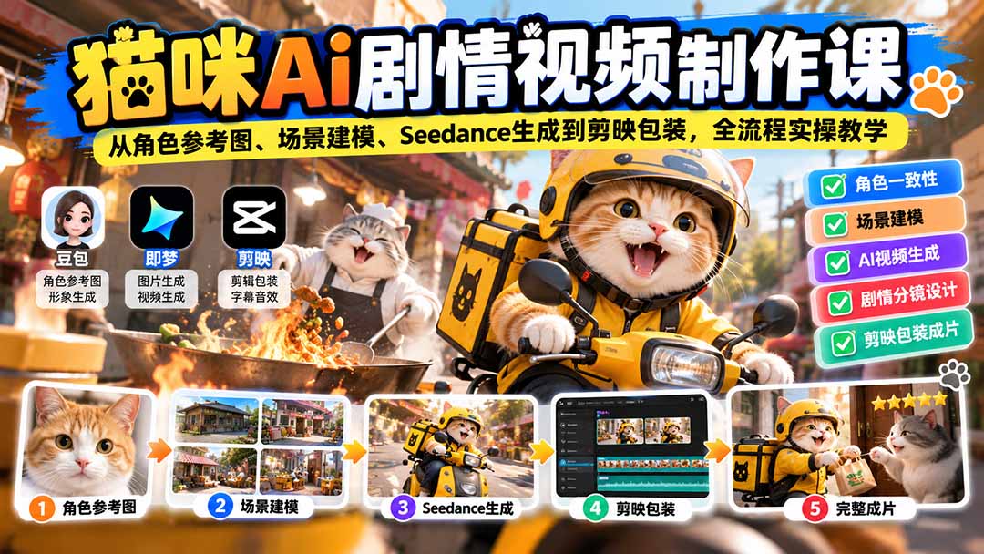 猫咪AI剧情视频制作课：从角色参考图、场景建模、Seedance生成到剪映包装，全流程实操教学-资源社