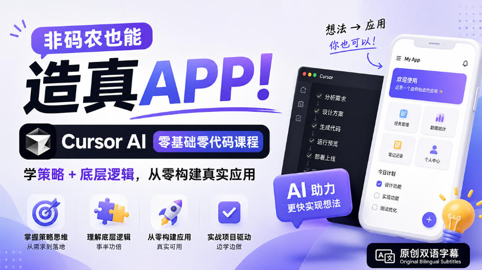 非码农也能造真APP!Cursor AI零基础零代码课程:学策略+底层逻辑,从零构建真实应用【原创双语字幕】-资源社