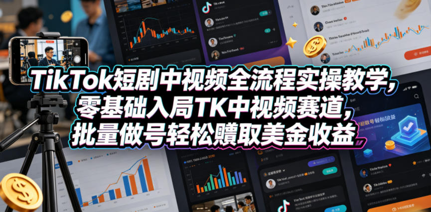 TikTok短剧中视频全流程实操教学,零基础入局TK中视频赛道,批量做号轻松賺取美金收益-资源社
