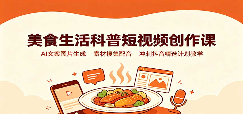 美食生活科普短视频创作课：AI文案图片生成，素材搜集配音，冲刺抖音精选计划教学-资源社