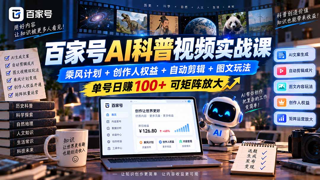 百家号AI科普视频实战课:乘风计划+创作人权益+自动剪辑+图文玩法,单号日赚100+可矩阵放大-资源社