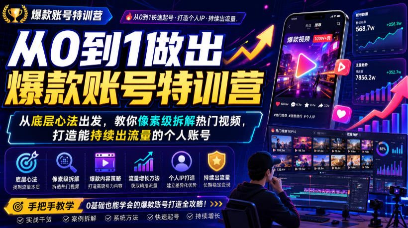 从0到1做出爆款账号特训营，从底层心法出发，教你像素级拆解热门视频，打造能持续出流量的个人账号-资源社
