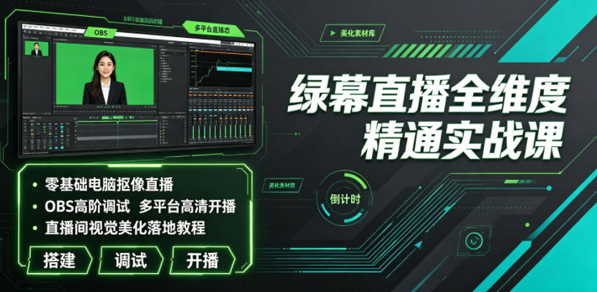 绿幕直播全维度精通实战课｜零基础电脑抠像直播、OBS高阶调试、多平台高清开播、直播间视觉美化落地教程-资源社