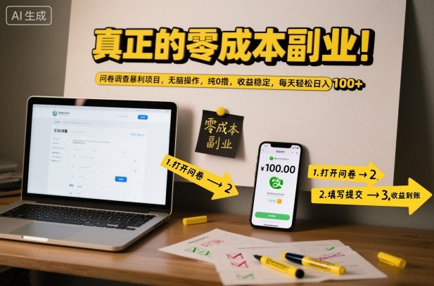 真正的零成本副业！问卷调查暴利项目，无脑操作，纯0撸，收益稳定，每天轻松日入100+【揭秘】-资源社