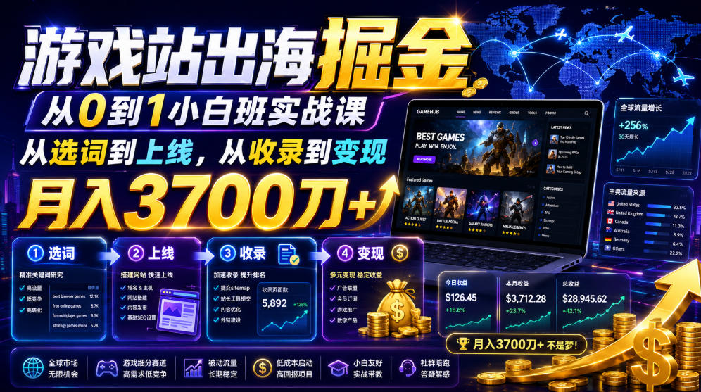 游戏站出海掘金从0到1小白实战课,从选词到上线,从收录到变现,月入3700刀+-资源社