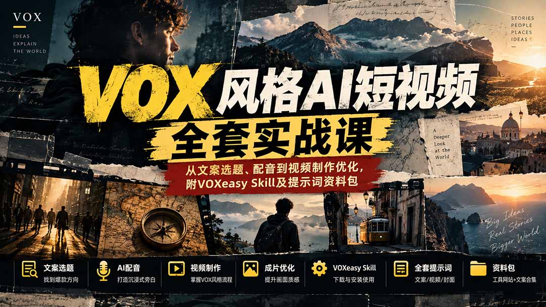 【无水印】VOX风格AI短视频全套实战课：从文案选题、配音到视频制作优化，附VOXeasy Skill及提示词资料包-资源社