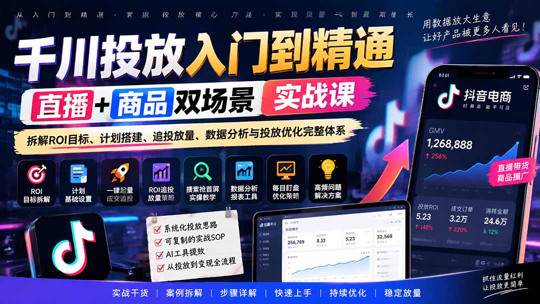 千川投放入门到精通实战课|直播+商品双场景拆解ROI目标、计划搭建、追投放量、数据分析与投放优化完整体系-资源社