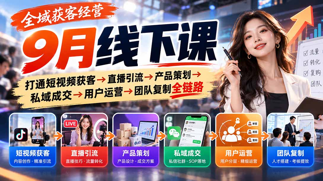 全域获客经营9月线下课:打通短视频获客→直播引流→产品策划→私域成交→用户运营→团队复制全链路-资源社