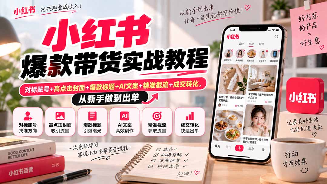 小红书爆款带货实战教程｜对标账号+高点击封面+爆款标题+AI文案+精准截流+成交转化，从新手做到出单-资源社