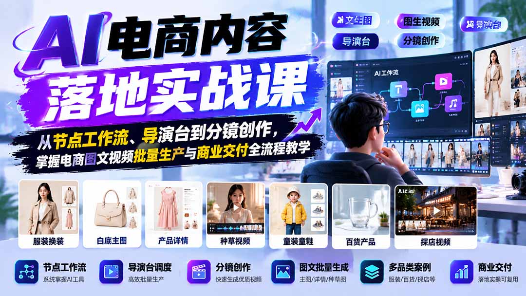 AI电商内容落地实战课：从节点工作流、导演台到分镜创作，掌握电商图文视频批量生产与商业交付全流程教学-资源社