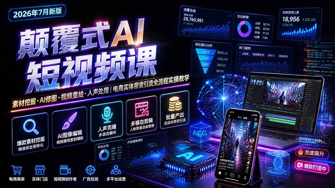 颠覆式AI短视频课-更新|素材挖掘,AI修图,视频重绘,人声处理|电商实体带货引流全流程实操教学-资源社