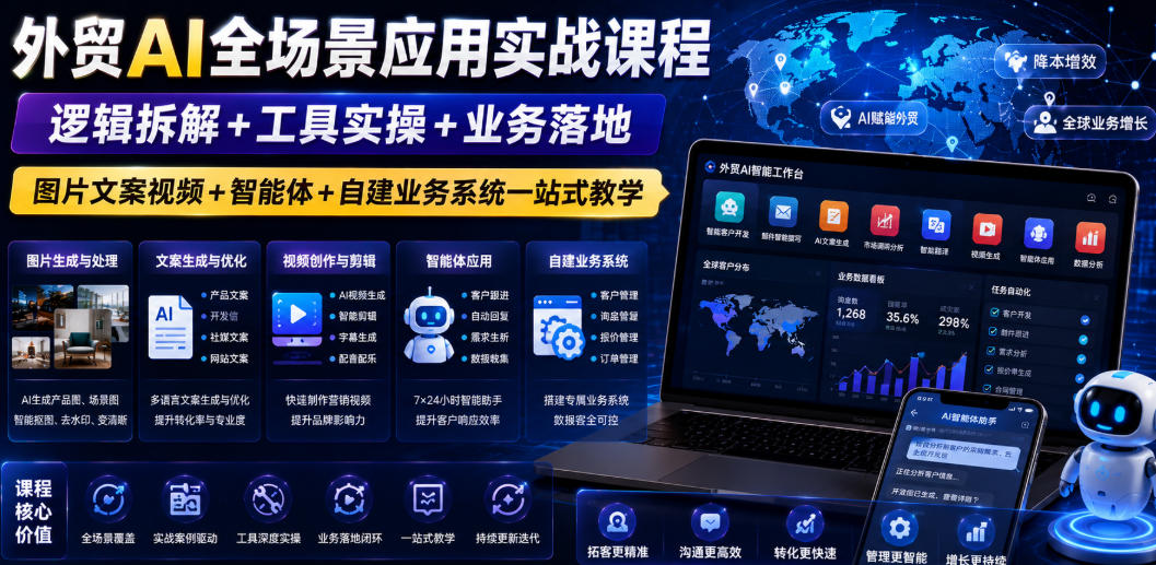 外贸AI全场景应用实战课程｜逻辑拆解+工具实操+业务落地，图片文案视频+智能体+自建业务系统一站式教学-资源社