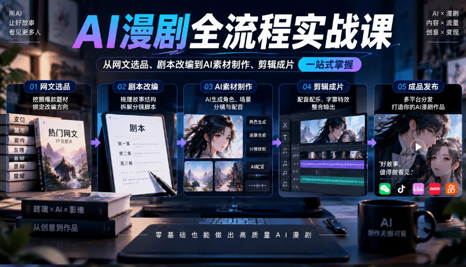 AI漫剧全流程实战课，覆盖从网文选品、剧本改编到AI素材制作、剪辑成片的完整链路-资源社