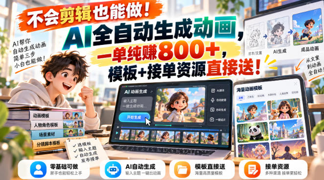 不会剪辑也能做!AI全自动生成动画,一单纯賺800+,模板+接单资源直接送!【揭秘】-资源社