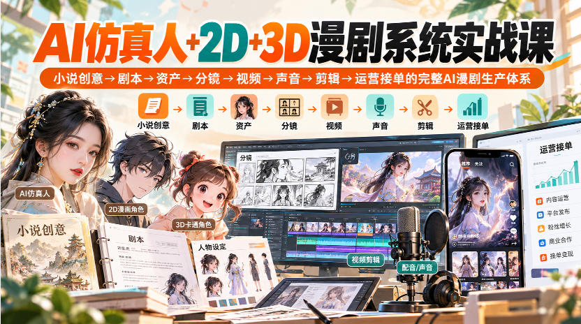 【无水印】AI仿真人+2D+3D漫剧系统实战课，小说创意→剧本→资产→分镜→视频→声音→剪辑→运营接单的完整AI漫剧生产体系-资源社
