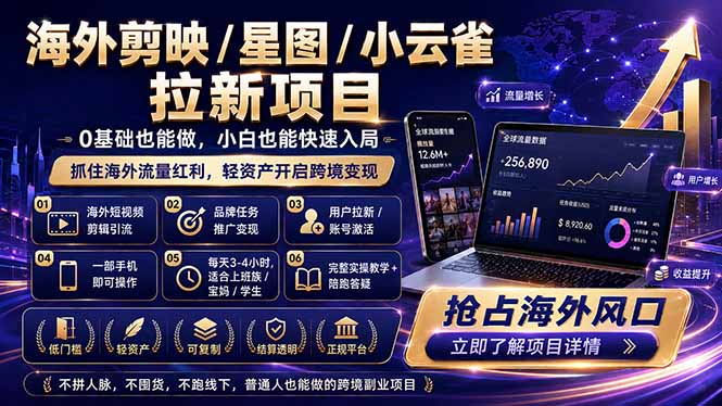 海外剪映 / 星图 / 小云雀拉新项目 普通人也能上手的跨境流量变现副业-资源社