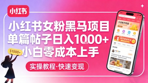 小红书女粉黑马项目，单篇帖子日入1k+，小白零成本上手-资源社