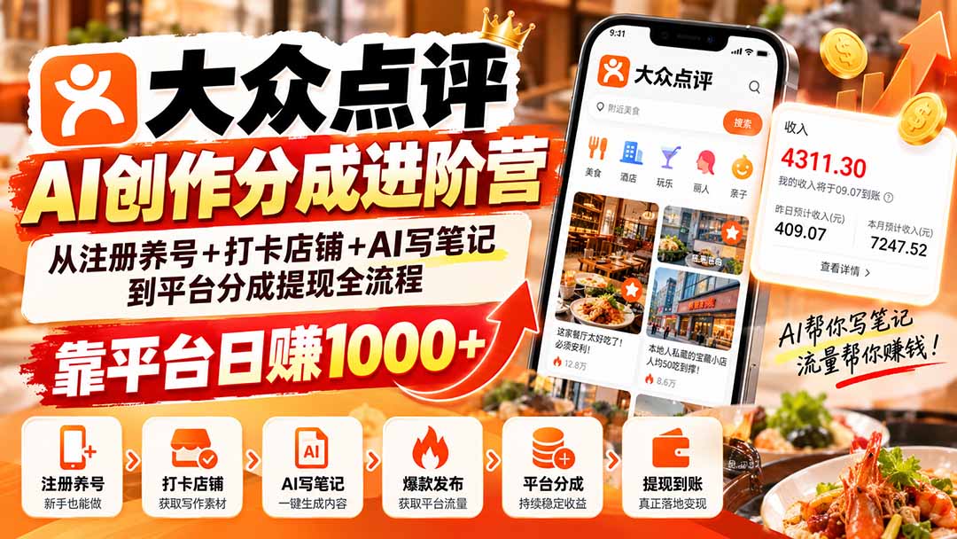大众点评AI创作分成进阶营:从注册养号+打卡店铺+AI写笔记到平台分成提现全流程,靠平台日赚1000+-资源社