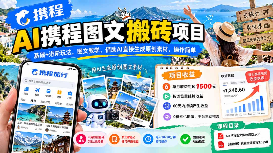 AI携程图文搬砖项目，基础+进阶玩法，图文教学，借助AI直接生成原创素材，操作简单-资源社