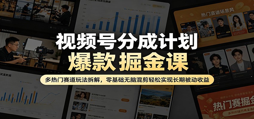 视频号分成计划爆款掘金课：多热门赛道玩法拆解，零基础无脑混剪轻松实现长期被动收益-资源社