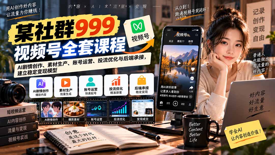 【无水印】某社群999视频号全套课程:AI剧情创作、素材生产、账号运营、投流优化与后端承接,建立稳定变现模型-资源社