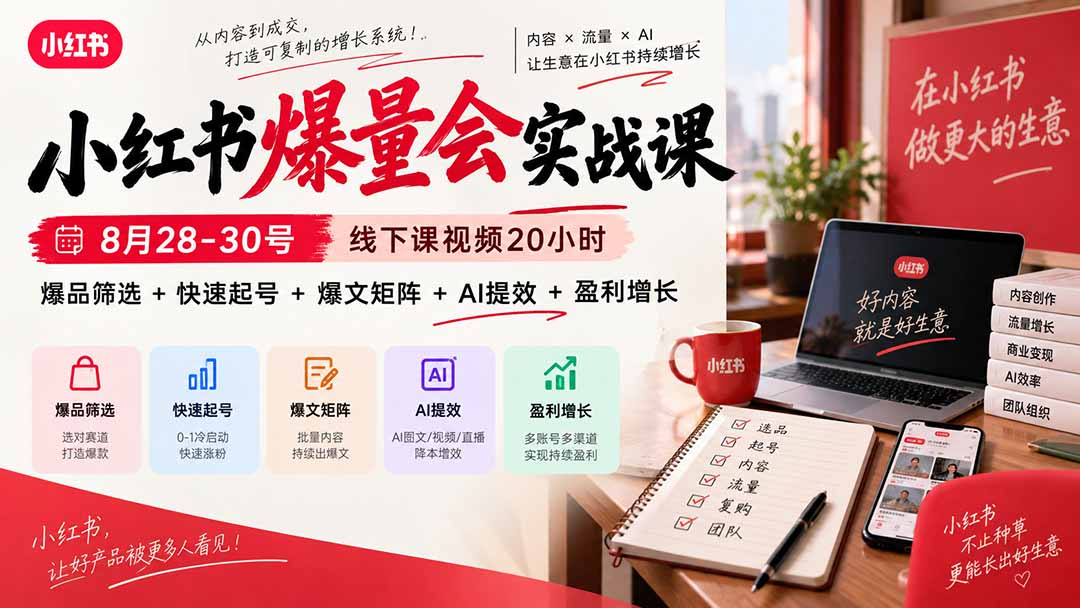 小红书爆量会实战课:8月28-30号线下课视频20小时,爆品筛选+快速起号+爆文矩阵+AI提效+盈利增长-资源社