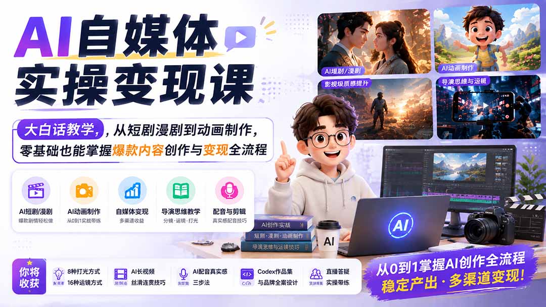 AI自媒体实操变现课|大白话教学,从短剧漫剧到动画制作,零基础也能掌握爆款内容创作与变现全流程-资源社