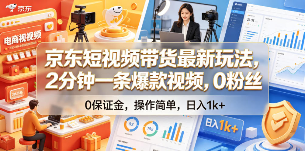 京东短视频带货最新玩法，2分钟一条爆款视频，0粉丝，0保证金，操作简单，日入1k+【揭秘】-资源社