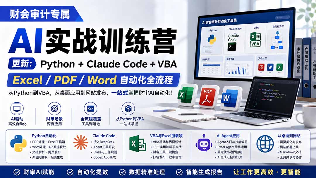财会审计专属 AI实战训练营：Python+Claude Code+VBA，Excel/PDF/Word自动化全流程 (更新-资源社